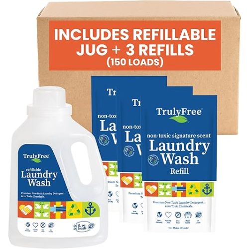 Truly Free Laundry Detergent for Sensitive Skin | Gentle & Safe for Baby Clothes | Plant-Based | 3 Pack Refill Powder| Easy to Dissolve to Create a Liquid| Signature Wash Scented (150 Loads)