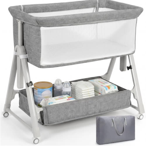 Cowiewie Baby Bassinet Bedside Crib,3-in-1 Baby Bassinet with Comfy Mattress & Wheel,Easy Folding Portable Bedside Bassinet for Baby with Storage,Travel Bag,Breathable Mesh,Stable & Secure,Light Grey