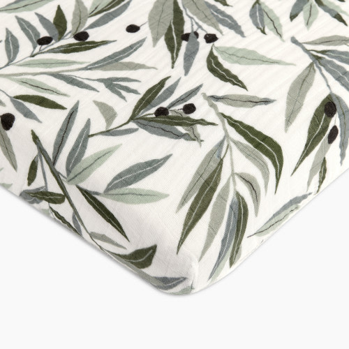 babyletto Mini Crib Sheet in GOTS Certified Organic Muslin Cotton - Olive Branches