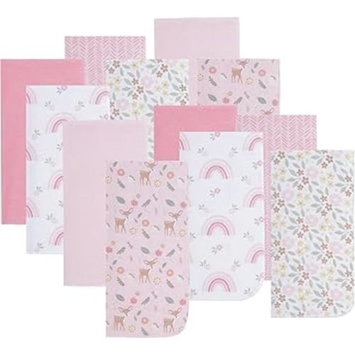 EVERYDAY KIDS 12 Pack Burp Cloths for Baby Girl; Newborn Essential with - Large Absorbent Cotton Flannel Pink Burping Cloths for Babies with Woodlands, Floral and Rainbow Prints and Solids