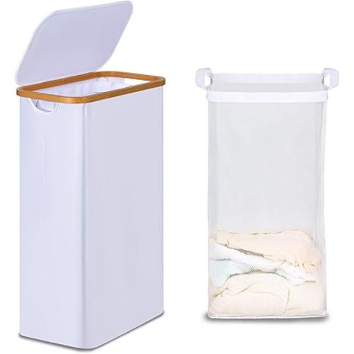 Slim Laundry Basket with Lid, Narrow Laundry Hamper with Removable Bag, Skinny Dirty Clothes Basket with Bamboo Handles for Bathroom, Bedroom & Laundry Room, 75L White