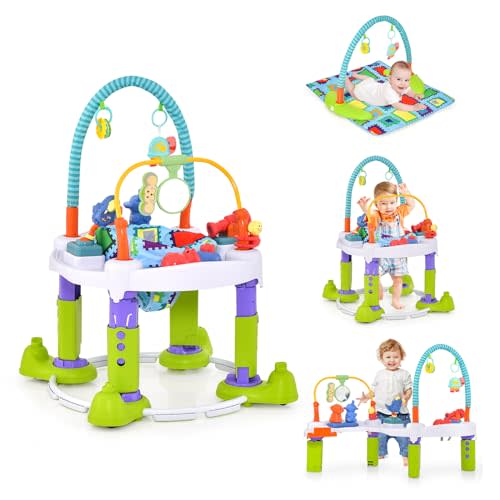 BABY JOY Baby Bouncer Activity Center, 4-in-1 Bouncing Activity Saucer & Activity Table & Play Mat w/ 3 Adjustable Heights, Toy Bar & Music Box, Foldable Exersaucer for Infants & Toddlers