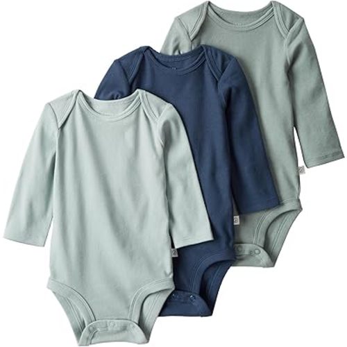 little planet by carter's Baby 3-pack Long Sleeve Bodysuits made with Organic Cotton, Sage Navy, 9M