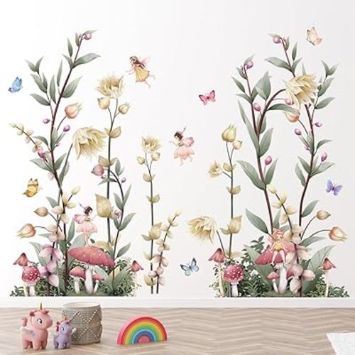 3 Sheets 12"x 36" Large Watercolor Fresh Plants Wall Decor Leaf and White Flowers Wall Stickers DIY Peel and Stick Mushroom Princess Girls Wall Decals for Girls Bedroom Nursery Living Room Decoration