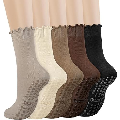 5 Pairs Pilates Yoga Socks with Grips for Women, Cute Cotton Ruffle Frilly Cuff Non Slip Grippy Athletic Crew Socks