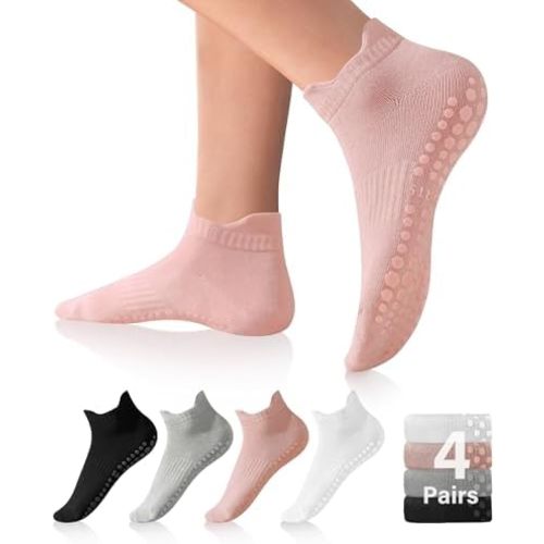 DIBAOLONG Pilates Socks with Grips for Women, Grip Socks Non Slip Yoga Socks for Barre Hospital Grippy Socks 4 Pairs