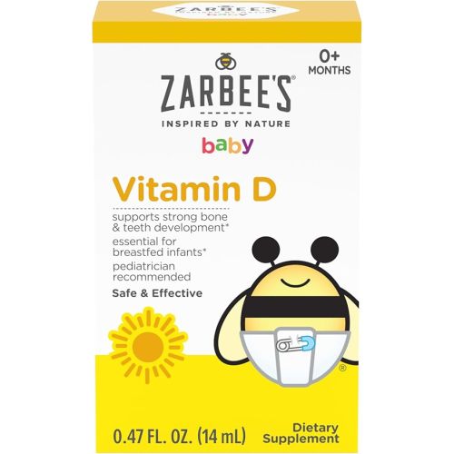 Zarbee's Vitamin D Drops for Infants,400IU (10mcg) Baby & Toddler Liquid Supplement,Newborn & Up,Dropper Syringe Included,0.47 Fl Oz,(Pack of 2)
