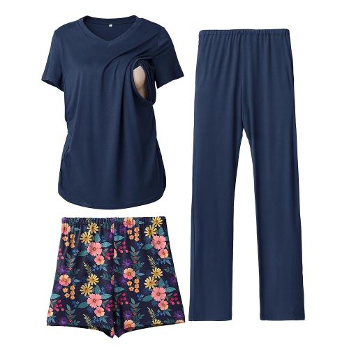 Rnxrbb 3 Piece Women's Maternity Nursing Pajamas Set V Neck Breastfeeding Pjs Sleepwear Postpartum Shorts&Pants Pockets