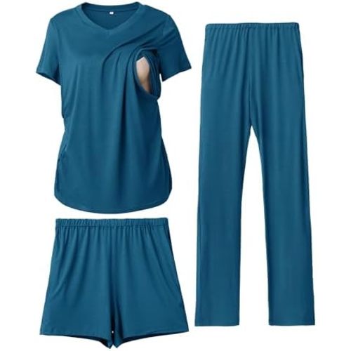 Rnxrbb 3 Piece Women's Maternity Nursing Pajamas Set V Neck Breastfeeding Pjs Sleepwear Postpartum Shorts&Pants Pockets