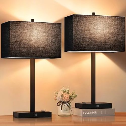 21" Touch Bedside lamps with 2 USB & AC Outlets, 3-Way Dimmable Bedside Table Lamps Set of 2 for Bedroom Living Room Office Reading, Black Shade Lamps for Night Stands, 2700K LED Bulbs Included