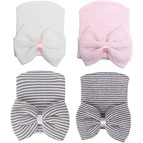 DRESHOW BQUBO 4 Pack Newborn Hospital Hat Infant Baby Hat Cap with Big Bow Soft Cute Knot Nursery Beanie