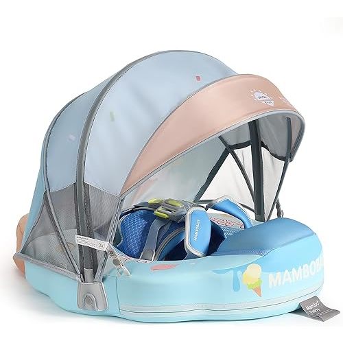 Mambobaby Float Add Tail Baby/Infant Swim Float with Canopy, Non-Inflatable Solid Upgrade Soft Waterproof Skin-Friendly Leather Material (Limited Edition Blue)