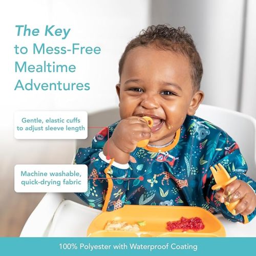 Bumkins Sleeved Bib for Girl or Boy, Baby and Toddler for 6-24 Mos, Essential Must Have for Eating, Feeding, Baby Led Weaning Supplies, Long Sleeve Mess Saving Food Catcher, Soft Fabric, Jungle - F3 Jungle