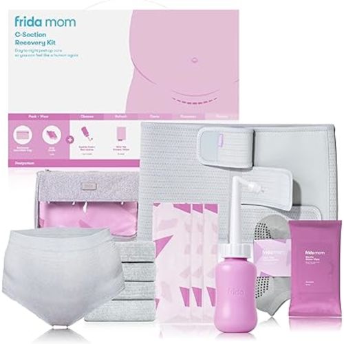 Frida Mom C-Section Recovery Must Have Kit for Labor, Delivery, & Postpartum, Socks, Peri Bottle, Disposable Underwear, Abdominal Support Binder, Shower Wipes, Silicone Scar Patches, & Toiletry Bag