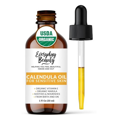 Organic Calendula Oil For Sensitive Skin - USDA Certified 100% Natural Plant Based, Lightweight & Unscented Gentle Soothing Oil For Sensitive Skin - For Face, Skin & All Over - 1 Fl Oz Glass & Dropper
