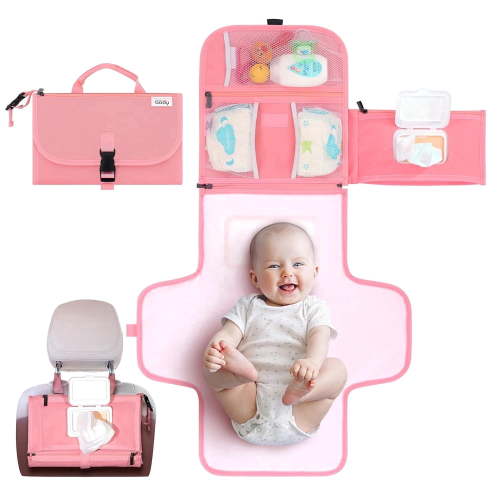 Kopi Baby Portable Diaper Changing Pad Travel Bag with Built-In Pillow, Reversible Wipes Pocket, Foldable Changing Mat, Pink, Premium