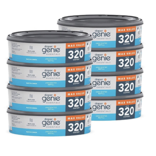 Diaper Genie Essentials Round Refill 8-Pack | Holds Up to 2560 Newborn Diapers | Features Unscented Continuous Film | Compatible with Diaper Genie Complete and Expressions Pails,8 Count (Pack of 1)