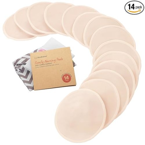 Organic Nursing Pads - 14 Washable Breast Pads for Breastfeeding, Wash Bag, Viscose Derived from Bamboo Reusable Nipple Covers for Breastfeeding Essentials, Soft & Absorbent (Bare Beige, L 5")