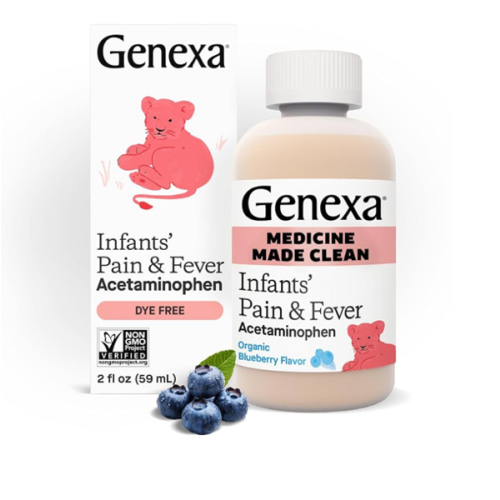 Genexa Infants’ Clean Pain & Fever Acetaminophen, Dye Free, 0% Artificial Additives, Delicious Organic Blueberry Flavor, Liquid Oral Suspension Medicine for Baby, 160 mg per 5mL, 2 fl oz