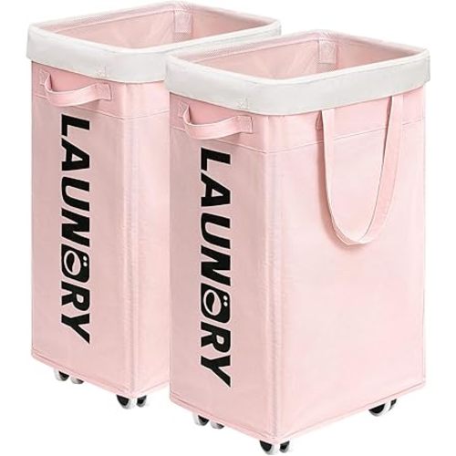 CHICVITA Laundry Hamper with Wheels 2-Pack, 75L Collapsible Laundry Basket with Removable Wash Bags, Pink Laundry Hamper for Corner Dorm, Rolling Laundry Basket on Wheels