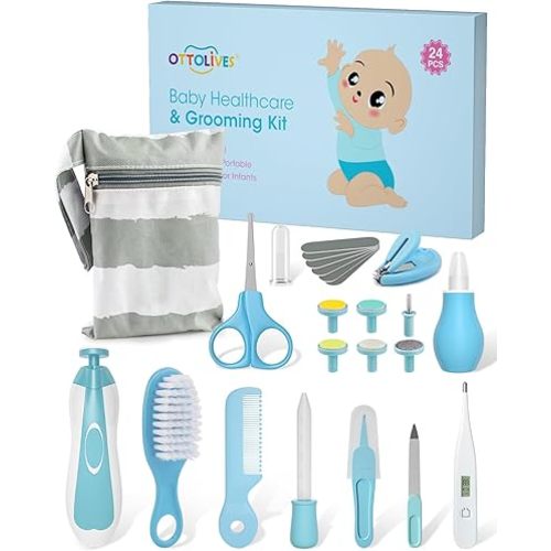OTTOLIVES Baby Healthcare and Grooming Kit, 24 in 1 Baby Electric Nail Trimmer Set Newborn Nursery Health Care Set for Newborn Infant Toddlers Baby Boys Girls Kids Haircut Tools (0-3 Years+) (Blue)