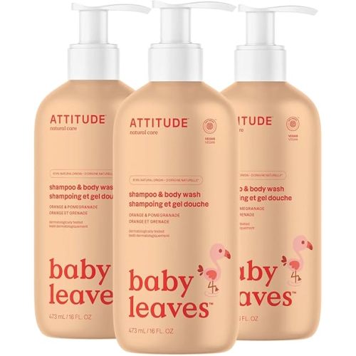 ATTITUDE Baby 2-in-1 Shampoo and Body Wash, EWG Verified, Dermatologically Tested, Vegan, Orange and Pomegranate, 16 Fl Oz (Pack of 3)