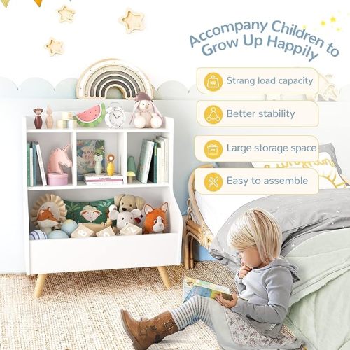 Kids Bookshelf and Toy Storage, 3-Tier Wooden Open Bookcase, Baby Book and Toy Storage Display Organizer with Spacious Top Shelf Children, Friends, Family, White