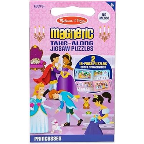 Melissa & Doug Take-Along Magnetic Jigsaw Puzzles Travel Toy Princesses, 1 EA, Pink/violet (2 15-Piece Puzzles)