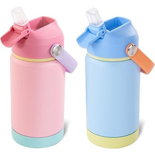 Kerilyn 12oz Kids Water Bottle 2 Pack, Stainless Steel Insulated Water Bottle Bulk, Toddler Cups with Straws Leak-Proof, Kids Water Bottles for School Boys Girls, BPA Free, Sky+Charm Pink 2 Piece Set