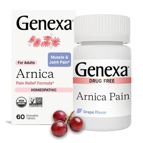 Genexa Arnica for Pain Relief | Alleviate Muscle & Joint Pain, Soreness & Stiffness | Reduces Bruises & Swelling | Organic Grape Flavor | Homeopathic Remedy Made Clean | 100 Chewable Tablets​