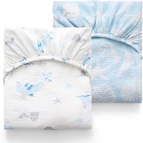 Momcozy Muslin Standard Fitted Crib Sheets, 52"x28", 2 Pack Soft Breathable Natural Cotton Baby Mattress Sheet, 360° Mattress Wrapping No Slip Boys Girls Neutral Toddler Bed Sheet, Ocean Sound