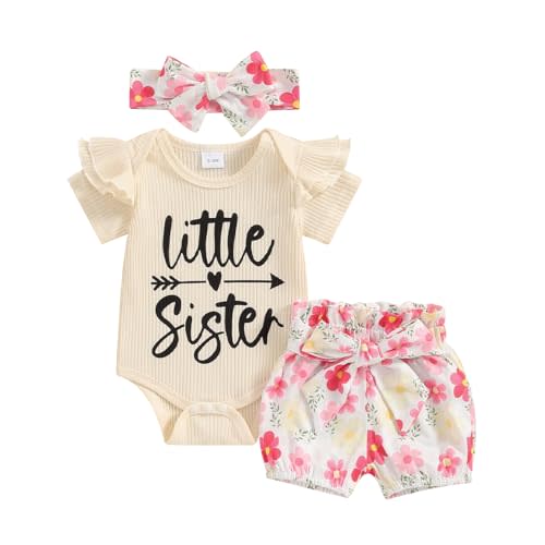 Newborn Baby Girl Auntie Outfits Auntie's Bestie Short Sleeve Ribbed Romper Floral Shorts Clothes with Headband