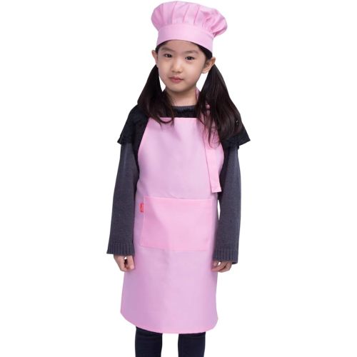 Kids Apron and Chef Hat Set, Children's Adjustable Bib Apron with 2 Pockets. Cute Boys Girls Kitchen Apron for Cooking, Baking, Painting, Training Wear (2-5 Year, Pink)