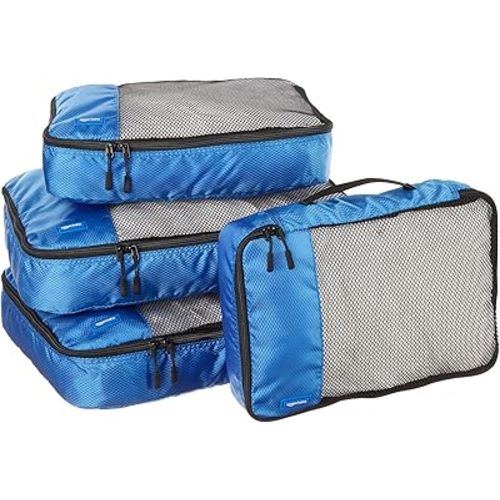 Amazon Basics Packing Cubes for Travel, Packing Organizers Set, 4-Piece-Set (2 Medium And 2 Large) With Double Zipper Pulls and Mesh Top Panel, 100% Durable Polyester, Blue