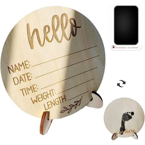 Baby Announcement Sign - Hello World Newborn Name Sign with Ink Pad for Baby Hand and Footprints