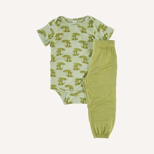 short sleeve lap neck bodysuit + relaxed jogger set | green wild mushroom | lenzing modal