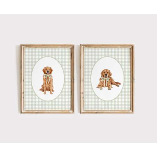 Red Golden Retriever Nursery Print Set, Watercolor Dog Wall Art, Sage Green Nursery, Boy Gingham Wall Print, Green Bow, Girl Nursery Dog Art