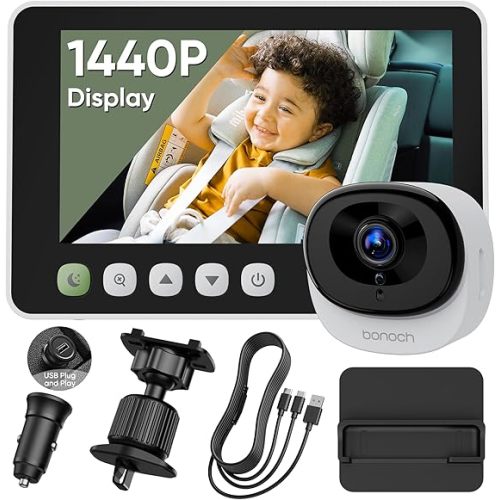 bonoch 5" 1440P Baby Car Camera, Clearest Monitor, 360° Rotating Wide View | Backseat Rear-Facing Mirror for Baby, USB Powered with Charger, Easy Setup, Night Vision, Plug&Play Safe Driving Car Monitor
