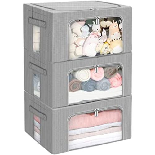 Stackable Clothes Storage Box for Clothing Gadgets,Steel Frame Storage Bins for Toys Gift,Foldable Oxford Fabric Closet Organizer Bag Set with Carry Handles Clear Window (Small- 22L x3 Pack, Grey)