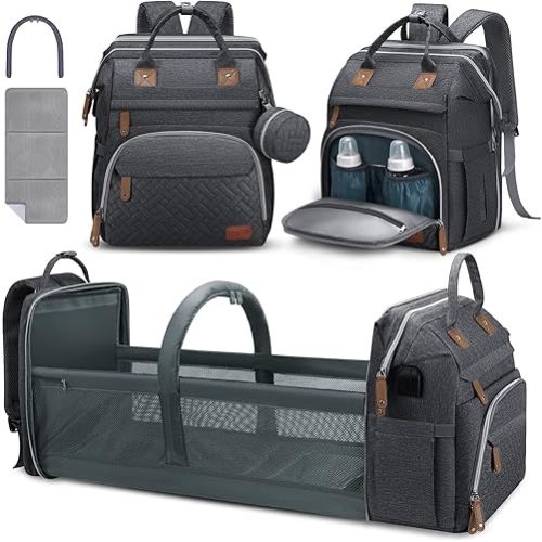 DERSTUEWE Large Capacity Diaper Bag for Moms & Dads – Multifunctional Baby Backpack with Changing Station, Insulated Pockets, USB Charging Port, Waterproof & Stylish, Slate Color