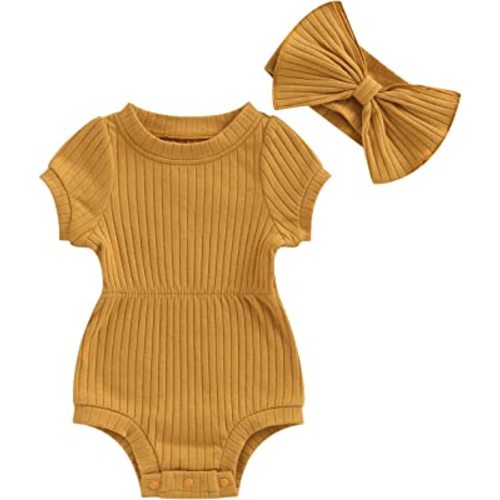 KtwHarnu Newborn Baby Girl Clothes Solid Ribbed Short Sleeve Romper Jumpsuit Bodysuit with Headband Summer Outfit