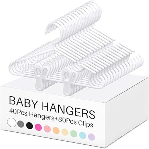 Hsei Nursery Hangers with Clips for Kids Baby Pants Hangers 10/20/40 Newborn Plastic Hanger with 20/40/80 Clip for Closet Toddler Clothes Coat Skirts Socks(White,120 Packs)