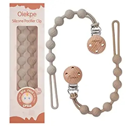 Pacifier Clips for Baby Boys Girl - 100% Food Grade Silicone, One Piece Pacifier Clip Holder, Wooden Clips Design, Paci Clip Soothe Baby Binky Holder for Shower Birthday Gift(Sand+Linght Grey)