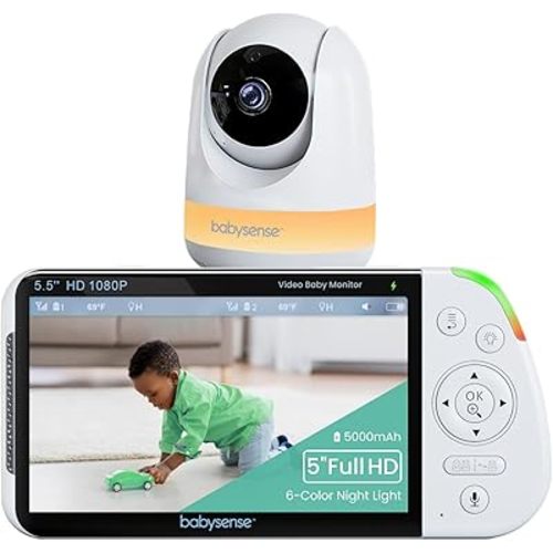 Babysense 5.5” 1080p Full HD Split-Screen Baby Monitor, Video Baby Monitor with Camera and Audio, PTZ Camera, RGB Night Light, 1000ft Range, Two-Way Audio, 4X Zoom, 5000mAh Battery
