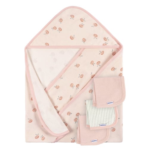 Gerber Baby Girl Hooded Towel and Washcloths Set, 4-Piece, One Size
