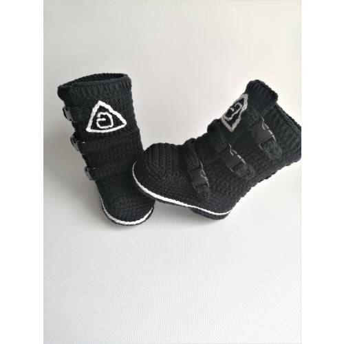 Off-road motorcycle boots for newborns. Crochet baby black cotton boots. High boots biker. Size 10cm. Racing baby shoes. Baby boots for bike