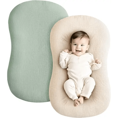 Konssy Muslin Baby Lounger Cover 2 Pack, 100% Cotton Newborn Lounger Cover, Soft and Breathable Lounger Slipcover for Boys Girls, Covers Only (Green,Wheat)