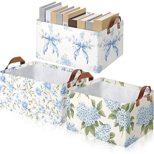 Boao 3 Pcs Blue Hydrangea Bow Storage Bin Flowers Collapsible Large Storage Baskets for Gifts Canvas Laundry Basket Foldable Box with Handle for Office Home Bedroom Clothes