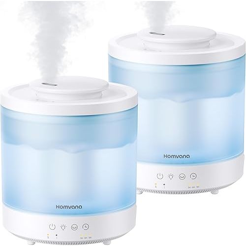 Homvana Small Humidifiers for Bedroom - 2 Packs 1.8L Cool Mist Top Fill Humidifier for Baby Nursery, Essential Oil Diffuser, 3 in 1 for Home Plants Offices and Grow Tents, 7 Color Lights, Ultrasonic