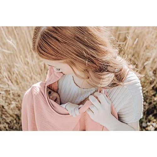 Konssy Muslin Nursing Cover for Baby Breastfeeding, Breathable 100% Cotton Breastfeeding Cover with Rigid Hoop for Mother Nursing Apron, Multi-use Carseat Canopy (Pink)